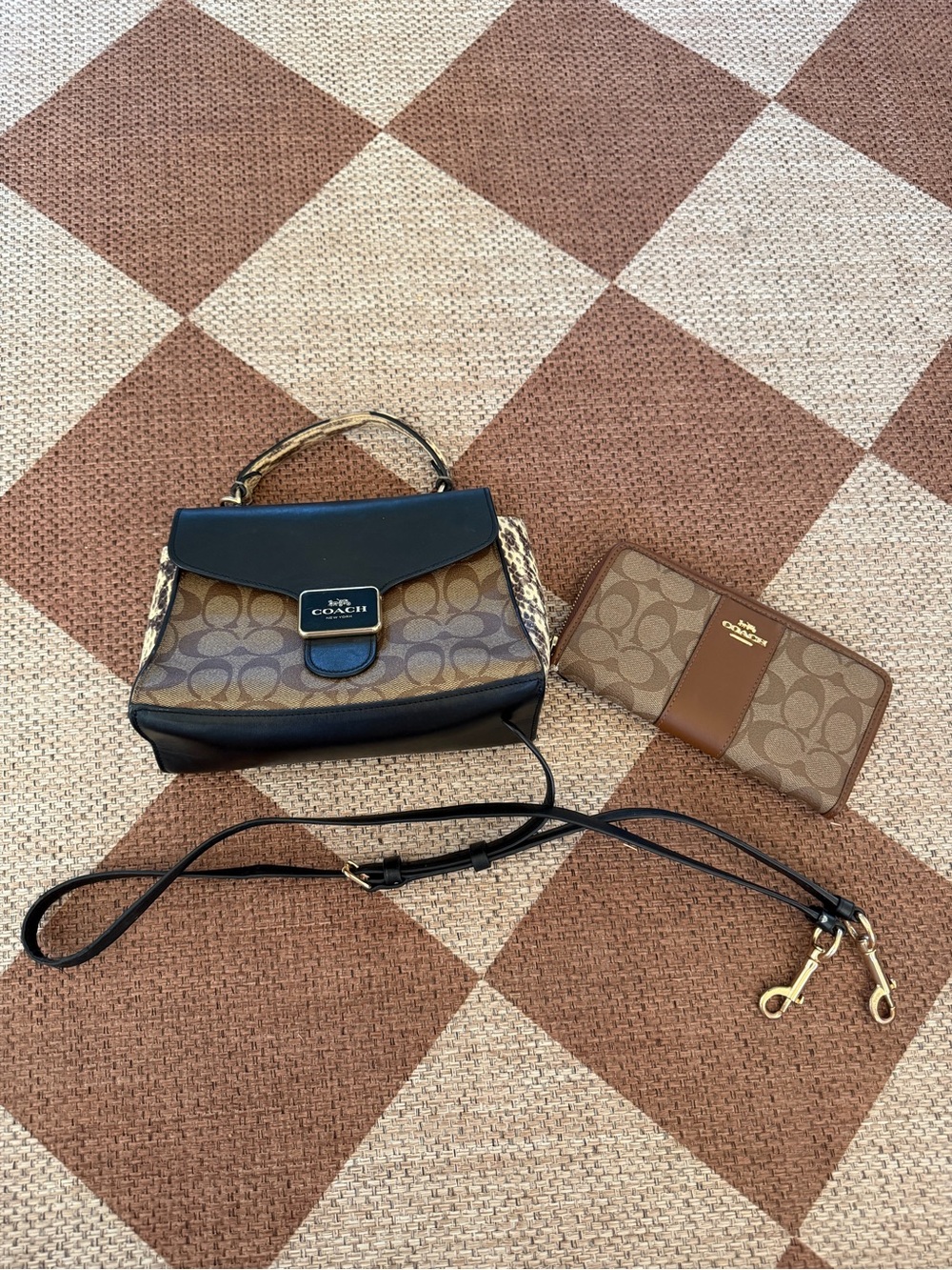 COACH Brown Signature Canvas Satchel with Black Trim and Gold Hardware